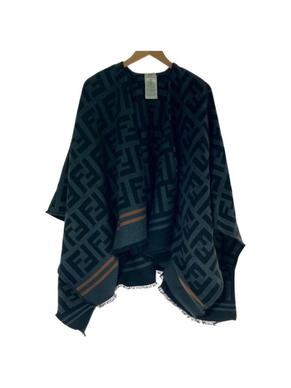 Fendi Zucca Pattern Poncho Tu Size Fxx636 A3 Q1 Black Gray Stole Wool Silk